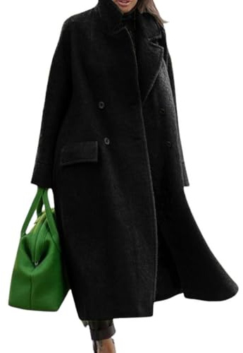 CHARTOU Women Oversized Long Winter Coats Warm Wool Blend Pea Trench Coat Overcoat (Medium, Black)