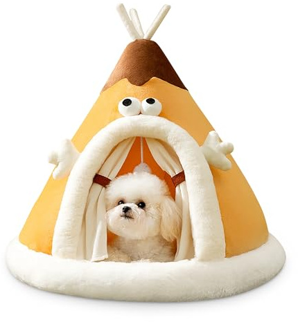 ALLSOPETS Cueva para Gatos Casa para Perros con Cojín Extraíble Cama Caliente de Invierno para Gatos Cachorros y Perros Pequeños Ideal para Relajarse en Casa (Amarillo, L)