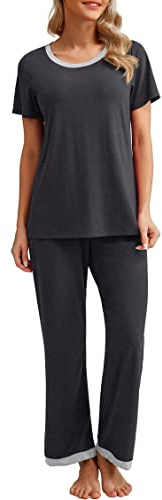 PrinStory Pyjamas för kvinnor, rund hals, pyjamas-set, kortärmade pyjamasöverdel och långa nattkläder, byxor med fickor, loungeset, Mörkgrå, M