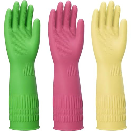ccebwyny Rubber Gloves for Cleaning – 3 Pairs Reusable Gloves for Dishwashing, Kitchen and Household Tasks, 15-Inch Long, Non-Slip and Waterproof (Medium)