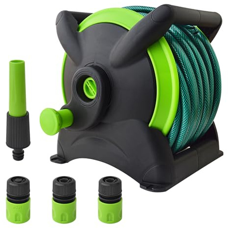 GUNPLA Garden Hose Reel with 25m PVC Reinforced Hose, Hose Reel with Spray Nozzle & Rewind Handle, 2 x Quick Connectors & 1 x Auto Shut-Off Connector, Easy Carry Hose Storage for Garden Watering