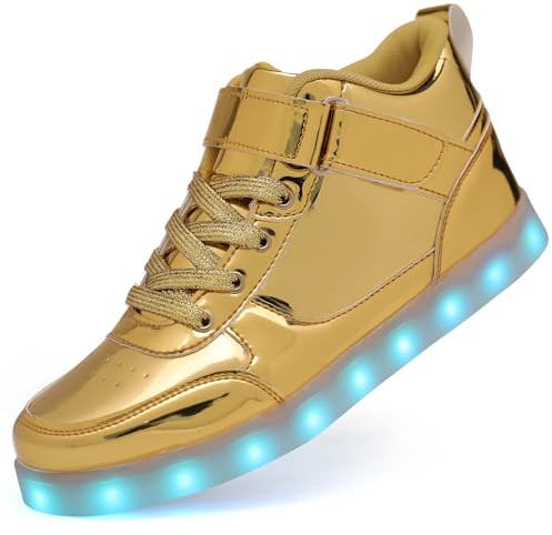 Scarpe da ginnastica con luci LED, unisex, alte e luminose, lampeggianti, ricarica USB, stringate, per donne e uomini, Gb Oro, 14 Women/10.5 Men