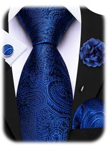 Barry.Wang Royal Blue Paisley Tie and Lapel Pin Set Silk Necktie Pocket Square Cufflinks Formal Wedding Christmas