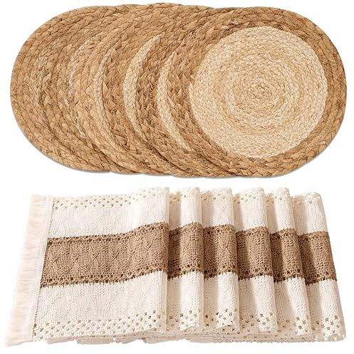 Handmade Boho Placemats Set of 6 - Natural Cotton Burlap and Water Straw Woven Rattan Wicker Braided Combination Table Mats, Macrame Table Décor Farmhouse Bohemian Style for Dining Room Table Kitchen