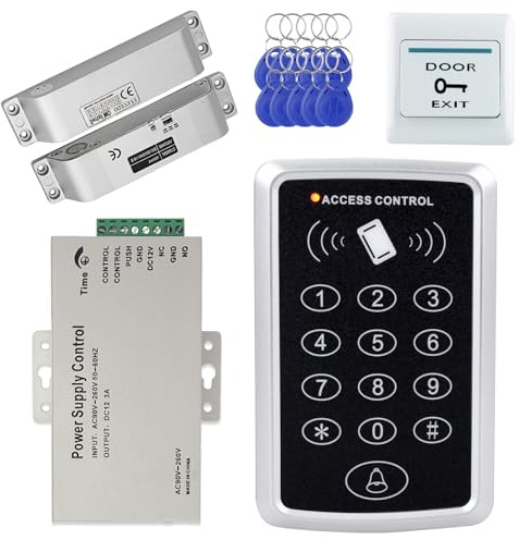 AccessShield Sistema di ingresso con tastiera impermeabile per il controllo degli accessi, alimentatore 12 V CC, interruttore di apertura porta, serratura elettrica e portachiavi RFID a 125 kHz