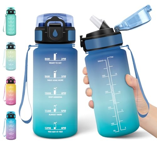 Motswedi Gourde Enfant, 500 ml Anti-Fuite, Gourde Paille, avec Marqueur de Temps, Bouteille d'eau, Poignée de Transport, Bouteille avec Paille, pour L’école, Sport, Yoga, Bleu Vert
