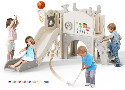 Scivolo per bambini con cerchio da pallacanestro, scivolo a tema Alce, parco giochi al coperto e all'aperto, kit da gioco per arrampicata indipendente con scivolo per bambini (beige grigio-6 in 1)