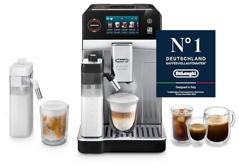De’Longhi Eletta Ultra – Perfetto Macchina da Caffè Automatica, LatteCrema Montalatte Automatico, 50+ Bevande Calde e Fredde, Silent Technology, Display Touch a Colori, Metallo (ECAM472.85.MB)