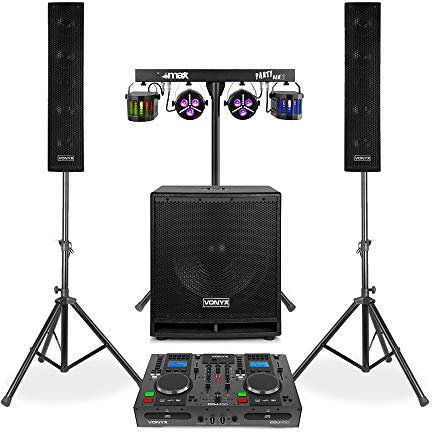 Vonyx VX880 Complete DJ Setup with DJ CD Mixer Controller, 2.1 PA System, Bluetooth, USB Input and PartyBar12 Lighting Kit for Mobile Events and Parties