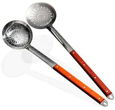ZARENHOFF Schaumlöffel und Schöpfkelle (2er Set 64 cm) | aus Edelstahl mit Holzgriff | Schöpflöffel, Schaumkelle, Abseihlöffel | ideal auch für Gerichte aus dem Kazan/WOK