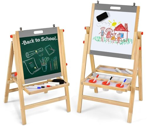 RELAX4LIFE Lavagna Bifacciale con Cavalletto per Bambini, Cavalletto Pieghevole in Legno di Pino con Altezza Regolabile, Lavagna Nera e Bianca Magnetica con Ripiano e Accessori, Cavalletto Portatile