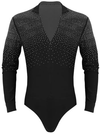Jowowha Herren Body Overall V-Ausschnitt Hemdbody Glitzer Gymnastik Leotard Tops Für Latein Tango Rumba Chacha Eiskunstlauf Anzug Tanzkleidung Schwarz XL