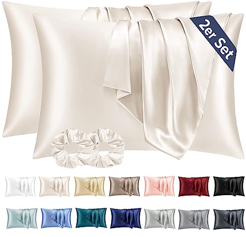 Vielit 2 Stück Satin Kissenbezug 40x60 Beige, Weich wie Seidenkissenbezug, Bessere Pflege als Silk Pillosecase, Satin Kopfkissenbezug Kissenhülle für Haar und Haut kommt mit 2 Haargummis