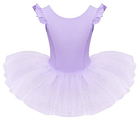 Justaucorps Danse Classique Fille Robe Ballet Tutu Tulle Manches Volantes Pliss�es Couleur Unie Col Rond Costume Danseuse Ballerina Gymnastique Carnaval Une Pi�ce pour B�b� Enfant Violet 5-6 Ans