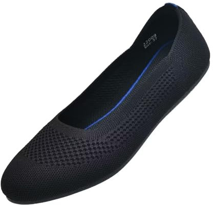 Puxowe Damen Ballerina Runde Zehe Stricken Flache Schuhe Komfort Weich Slip On Ballerina Walking Flats Schuhe für Frauen Niedriger Keil Lässig 39 EU Black