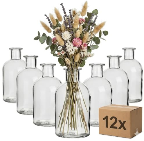 gouveo Set da 12 vasi in vetro 250 ml rotondi (0,25 l) senza chiusura stile bottiglia da farmacia per fiori singoli decorazioni da tavola e ambienti (AVTR250)
