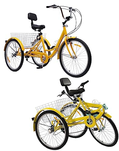 WSIKGHU 24 Zoll Dreirad für Erwachsene Faltbar Erwachsene Dreirad 7 Gang Dreirad Fahrräder aus Kohlenstoffstahl mit LED Licht und Korb 3 Räder Fahrrad für Erwachsene von 160-185CM, Max 140KG (Gelb)