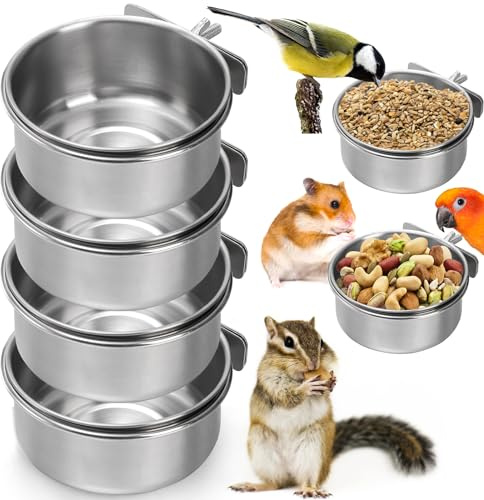 Okllen Lot de 4 gamelles Amovibles en Acier Inoxydable avec Pince, mangeoire à Suspendre pour Chinchilla Perroquet, calopsitte, Conure, Perruche, Petit Animal