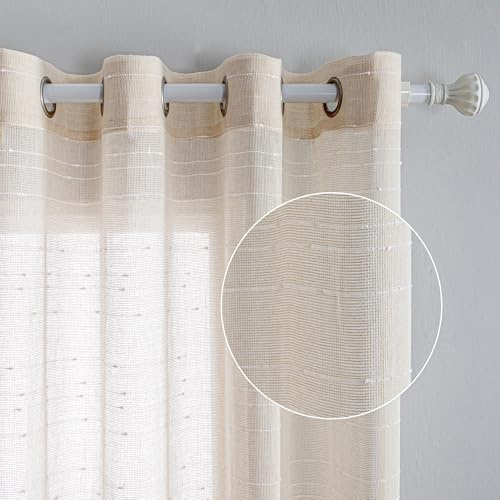 MYSKY HOME Gardiner med öljetter gardiner vita ränder gardin vardagsrum sovrum set om 2 halvtransparent voile gardiner för barnrum, H 225 x B 140 cm, beige.