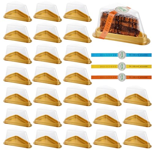 LDXDRU 100Pcs Individual Cake Slice Containers, Pie Slice Containers Disposable, Cheesecake Container with Lid Sticker and Fork, Clear Triangle Cake Boxes for Pies Snack Dessert, Gold