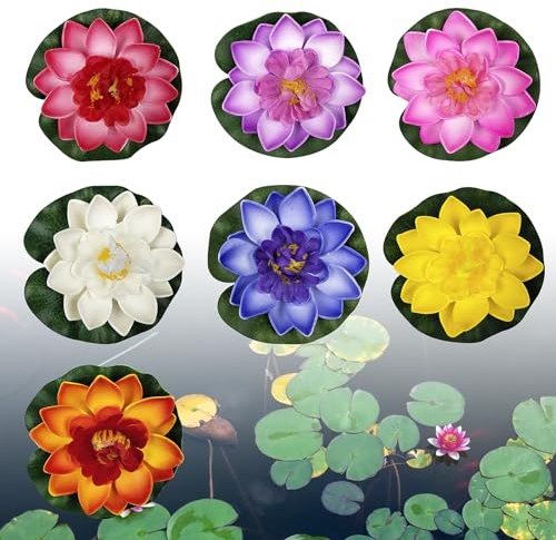 7 lirios de agua artificiales, 10 cm, flores flotantes, nenúfares, decoración para estanque, loto, mini estanque, decoración de natación, accesorios para acuario, exterior, jardín, estanque