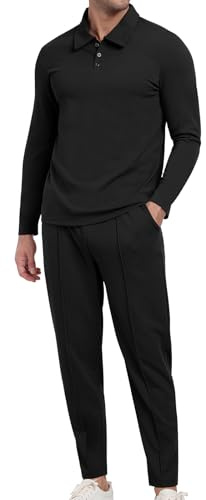 KUYIGO Tuta da uomo Polo 2 pezzi Completi a maniche lunghe Pullover Tuta Set Felpa e Joggers Waffle Top Pantaloni Casual Sport Activewear Golf Suit, Nero, M