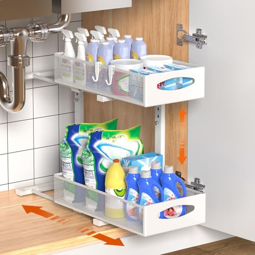 Housolution Organizador para debajo del fregadero, almacenamiento de metal de 2 niveles con cajones de malla deslizantes, estante organizador deslizante de altura ajustable para armario de cocina y