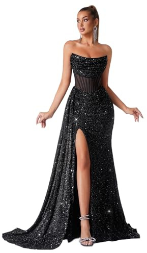 Cocktail Evening Gowns Formal Dresses for Women Sequin Tulle Wedding Guest Party Sexy Off Shoulder Floor Length Prom Dress Black-M