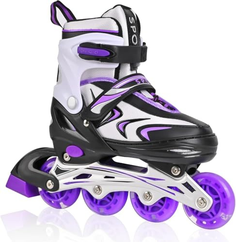 DUZSKJ Patines en línea Ajustables para niños y niñas, Patines en línea para niños, Patines en línea para niñas y niños para Uso en Interiores y Exteriores (Negro y Morado, M)