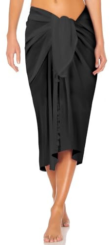 DiULi Playa Falda Envoltura Gasa, 1 Pc Bikini Cubierta Sarong, Falda de Pareo para Mujer, Largo, Chal Verano con Borlas, Talla Única, MúLtiples Formas de Llevarlo, Adecuado para Vacaciones (Negro)