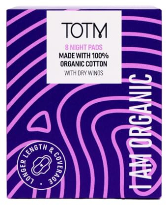 TOTM 100% Organic Cotton Night Pads with Triple-Layer Protection - Pack of 8 Breathable Period Care with Secure Wings & Waterproof Backing | Sanitary Towels for Overnight Protection