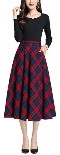 Beeblily Jupe Longue Femme Hiver Élégant Laine Carreaux Midi Skirt Taille Haute A-Ligne Taille élastique Chaud Plissée Jupe