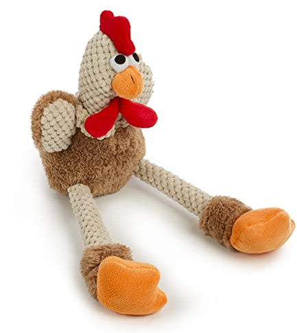 goDog Checkers Skinny Rooster Squeaky Plush Dog Toy, Chew Guard Technology - Brown, Small