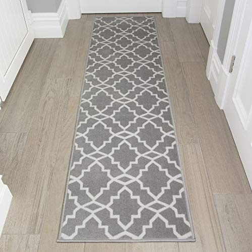 Grey and White Geometric Trellis Area Rug Runner Durable Moroccan Living Room Bedroom Lounge Hallway Rugs 60cm x 230cm