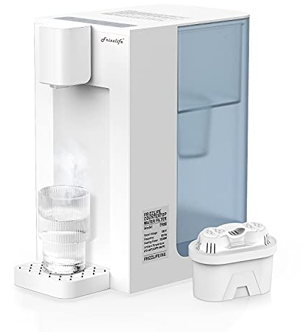 FRIZZLIFE T900 Heißwasserspender, Theken-Wasserfiltersystem, Heißwasser-Sofortfilter-Spender, 4 Temperaturen, große Kapazität, Hochtemperatur-Sicherheitssperre, Null-Installation, 1 Filter enthalten
