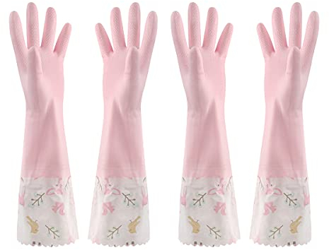 Skrsila Gants à Vaisselle 2 Paires de Gants Ménage Longs Antidérapants en Caoutchouc Etanche Gants de Nettoyage pour Ménage, Cuisine, Salle de bain
