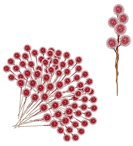 100Stück Weihnachten Künstliche Berries,Rot Gefrostet Holly Beeren Mini Weihnachtsbeere Künstliche Stechpalme für Weihnachten Kranz Dekorationen Kranz Machen Zubehör, Christbaumschmuck Decoration