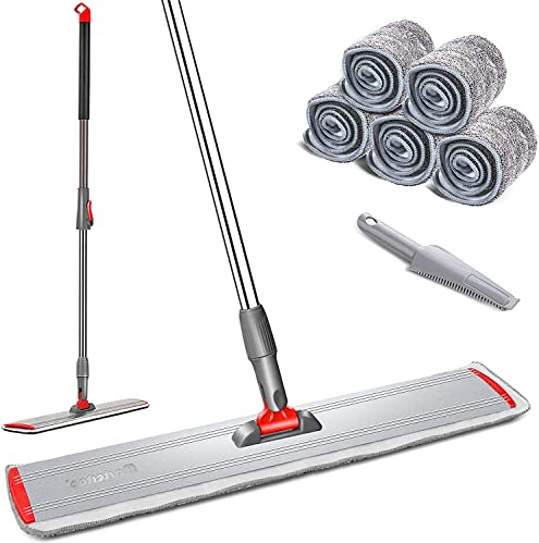 MASTERTOP 60cm Balai Serpillère Aluminium avec Manche Télescopique en INOX, Vadrouille Microfibre Professionnelle Rotative 360° pour Nettoyage de Sol avec 5 Tampons (Rouge)