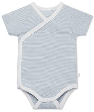 MORI Baby - Unisex Kimono Bodysuit in Blue Stripe - Short Sleeve-Organic Cotton and Bamboo - Breathable Infant Wrap-Style Bodysuit with Safe Nickel-Free Poppers - 6-9 Month