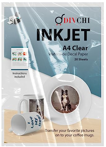 DIVCHI Water Slide Decal Paper A4 Size Inkjet Printer Decals Sheet Waterslide Transfer Papers (20 Sheets) Clear