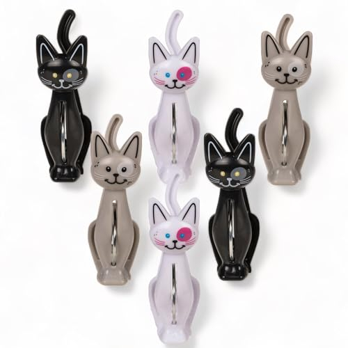 MIJOMA Süße Katzen Verschlussclips 6 Stück Set - 7cm Kunststoff Tüten Clips für Lebensmittel & Frische - Weiße, Graue & Schwarze Kätzchen-Clips zum zuverlässigen Verschließen