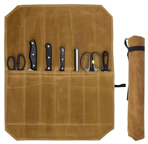 HOMURY Sac à couteaux à roulettes pour couteaux de chef : sac à couteaux avec 7 compartiments, étui en toile cirée pour couteaux de chef, marron, Professionnel