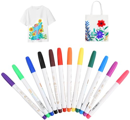 Textile Fabric Paint Markers, Craft Paint Pens, 12 Farben Bastel Farbstifte, Permanente Stoff Marker, Bemalen Stoff Basteln Stifte, Textil Stoffmarker, Stoff Farbmarker für T-Shirts Stofftaschen