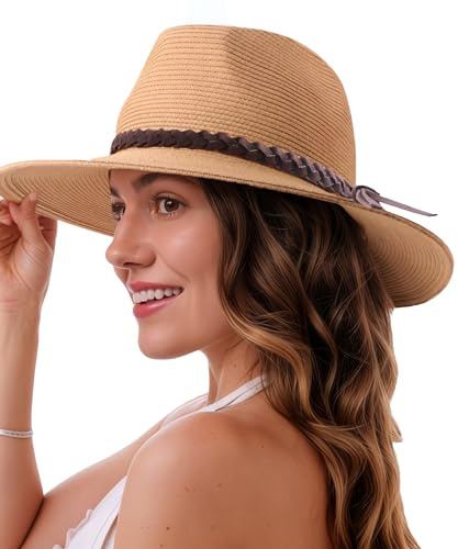 ASSQI Sombrero de paja Panamá de ala ancha para mujer, sombrero de playa para verano, UPF50+, A-caqui, M