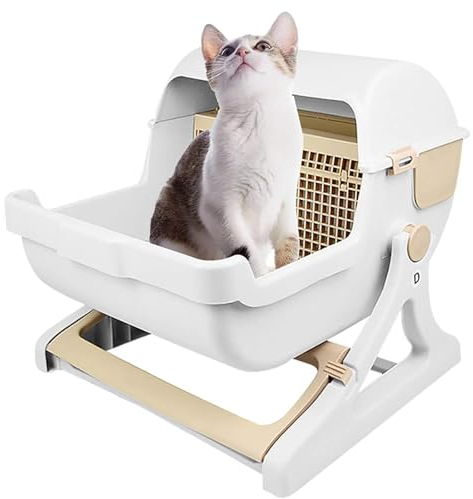 NGARY Semi-Automatic Quick Cleaning Cat Litter Box, Pet toilet Flip Lid Cat Litter Box with Removable mesh and Drawer organizer, Cat Litter Box Self Cleaning, for Bedroom, Living Room and Bathroom