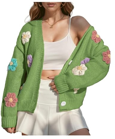 INFJMH Cardigan d'automne Y2k pour Femmes, Pull à Manches Longues, Ouvert sur Le Devant, Broderie de Fleurs, Manteau d'extérieur en Tricot, Tenue esthétique en Crochet