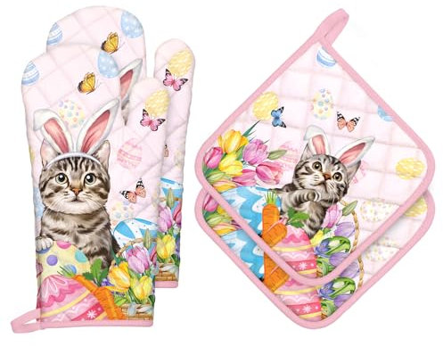 Arquiel Ofenhandschuh und Topflappen Ostern Katze 4er Set, 100% Baumwolle Kochhandschuhe, Hitzebeständiger Küchenhandschuh Zum Kochen Backen Grillen Geschenk