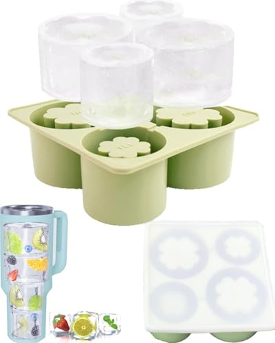 XYFuuee Eiswürfelform für Stanley Cup 40 30 567.0 g, 4 Fächer Blume Silikon Eisform mit Deckel, BPA-frei, Stanley Quencher Tumbler Becher Zubehör, Grün