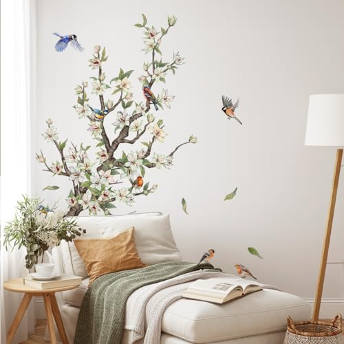 SHUCHING Pegatinas de Pared Flores Blancas, Vinilo Adhesivo Pared Ramas de Árboles, Vinilos Decorativos para Salon Baño Dormitorio
