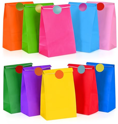 HAMOHTE Papiertüten Bunt, 50 Stück Geschenktüten Kindergeburtstag mit 60 Aufkleber, Klein Geburtstagstüten Kinder, Kraft Papier Mitgebsel Tüten Gift Bag für Party, Geschenk, Geburtstag, Feiern